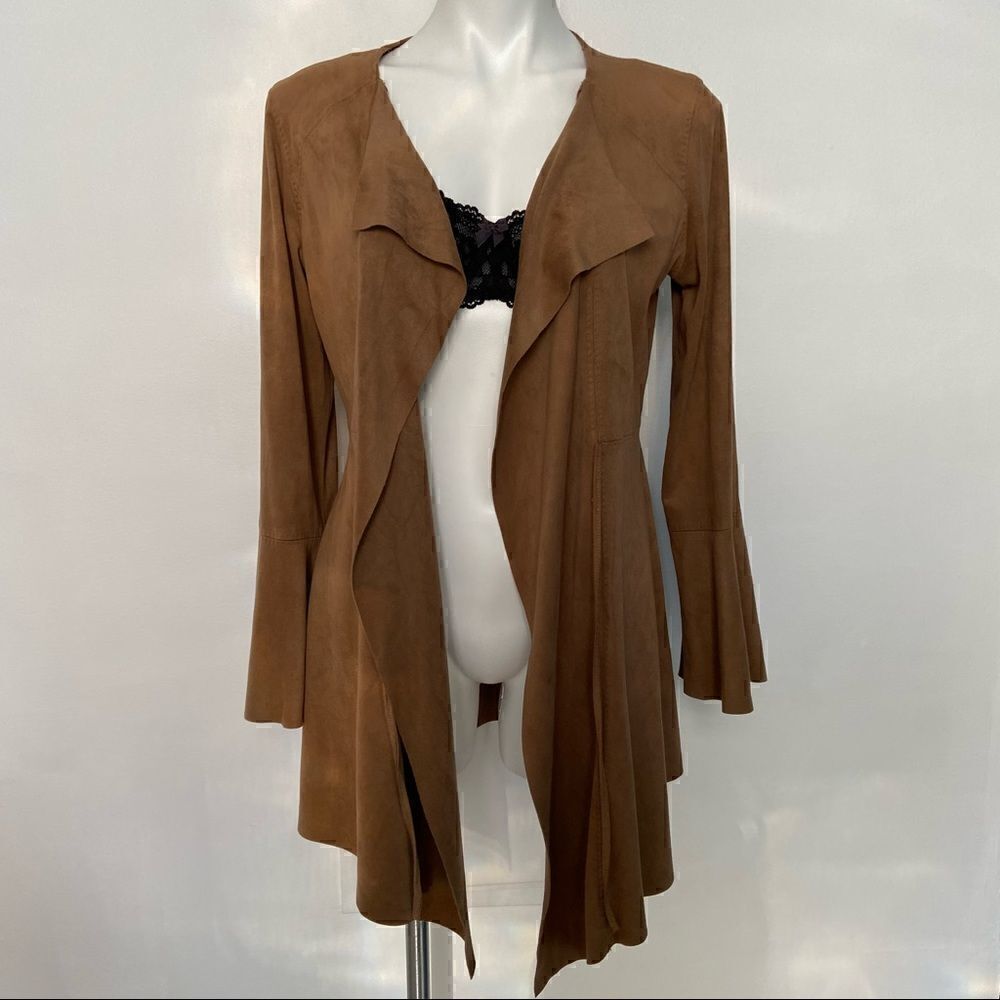 Chelsea
and violet faux suede flare sleeve waterfall jacket